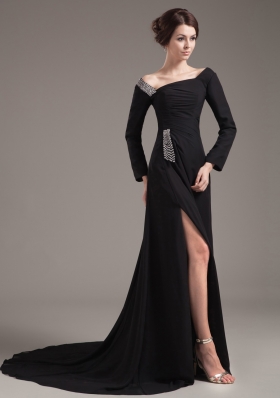 Beading Decorate Bodice High Slit Off The Shoulder Black Chiffon Brush Train Long Sleeves 2013 Mother of the Bride Dress