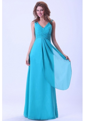 Aqua Blue Bridesmaid Dresses With V-neck Chiffon Floor-length For Custom Made