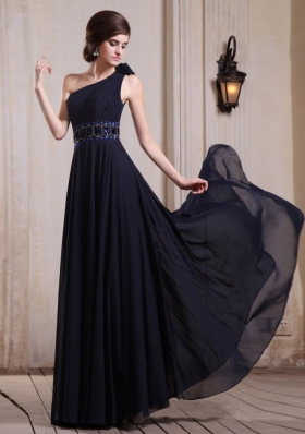 Navy Blue Prom / Evening Dress With One Shoulder Beaded and Hand Made Flower Chiffon
