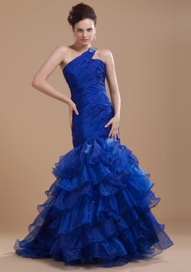 Mermaid Organza One Shoulder Brush / Sweep Ruffles Prom Dress Royal Blue