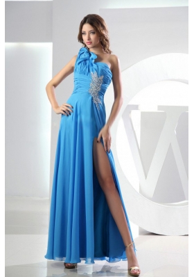 One Shoulder Empire Ankle-length Beading Baby Blue Chiffon Prom Dress