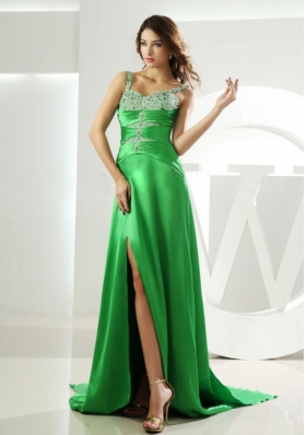 Beading Straps Prom Dress Watteau Elastic Woven Satin Column Spring Green