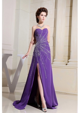 Purple Prom / Evening Dress With Beading and High Slit Brush Train