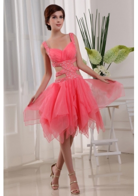 Sexy A-Line Knee-length Straps Organza Beading Prom Dress Watermelon