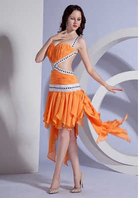 Beading and  Ruching Decorate Bodice Ruffles Straps Asymmetrical 2013 Prom Dress