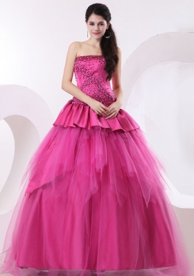 A-line Hot Pink Quinceanera Dress With Beading and Floor-length