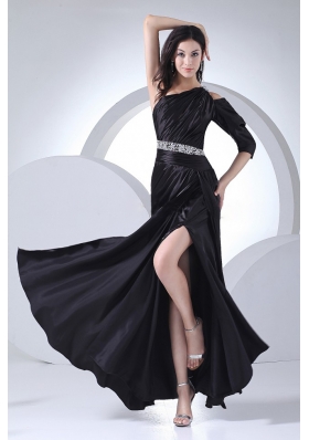 Beading Decorate Wasit High Slit Black Elastic Woven Satin Ankle-length One Shoulder 2013 Prom Dress