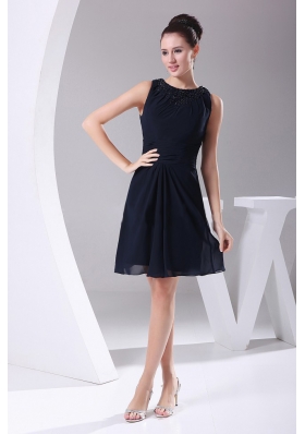 Simple Navy Blue Chiffon Knee-length Beading Decorate Scoop 2013 Prom Dress