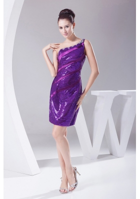 Beading Decorate One Shoulder Mini-length Purple Sequin Prom Dress For 2013