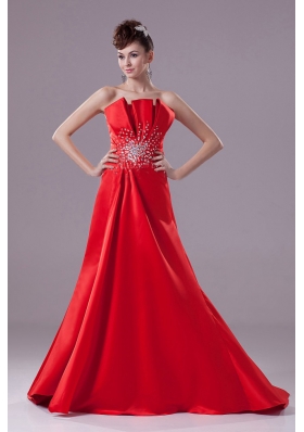 Red Prom Dress With A-line Beading Strapless and Satin