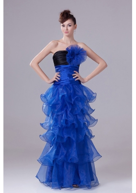 Royal Blue Prom Dress With Hand Made Flowers Ruffled Layers and Ruch