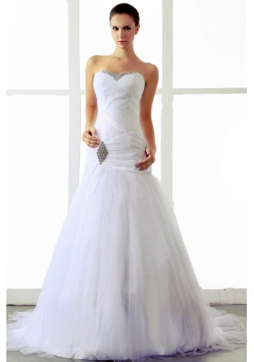 2013 A-line Wedding Dress With Beading and Ruching Sweetheart Brush Train Tulle