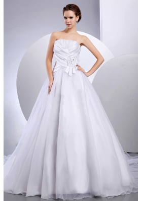 2013 Wedding Dress With Hand Made Flower and Ruching A-line Cathedral Train