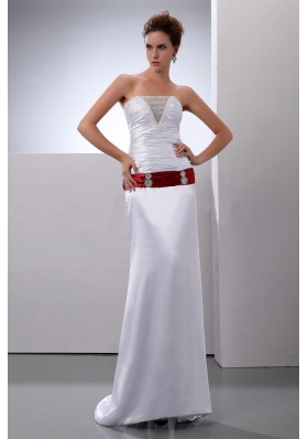 Column Strapless Elastic Woven Satin Ruched Brush / Sweep Train Wedding Dress