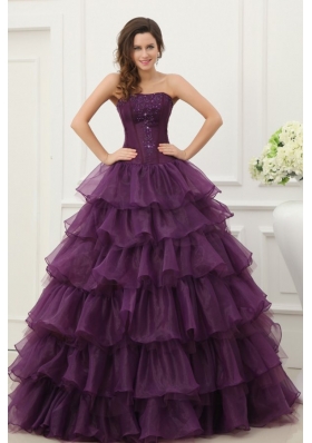 Strapless Beading and Ruffles Layered Quinceanera Dress in Dark Purple