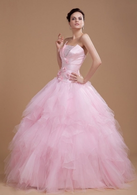 Beading and Ruffles Strapless Organza Quinceanera Dress in Baby Pink