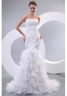 Luxurious Mermaid Strapless Organza 2014 Wedding Dress with Zipper-up