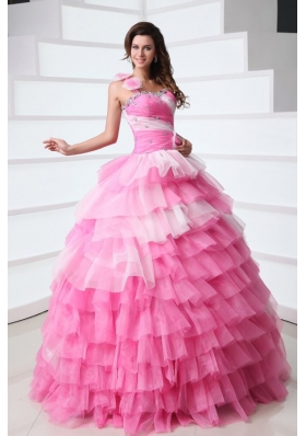 Pink One Shoulder Beading Quinceanera Dress with Ruffles Layered