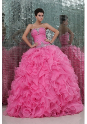 Strapless Rose Pink Organza Beading and Ruffles Quinceanera Dress