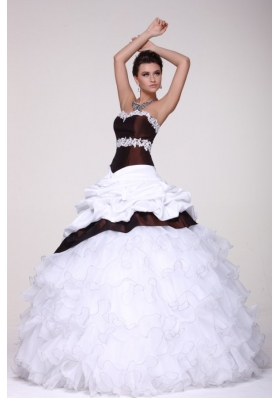 White and Brown Sweetheart Appliques and Ruffles Quinceanera Dress