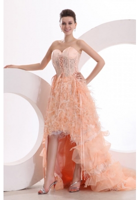 A-line Sweetheart Watermelon High-low Ruffles Organza Prom Dress with Lace Up