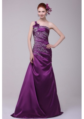 Column One Shoulder Lace Up Floor-length Beading Taffeta Purple Prom Dress