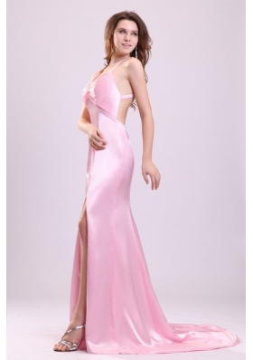 Elegant Pink Column Halter Brush Train Criss Cross Elastic Woven Satin Prom Dress with Beading