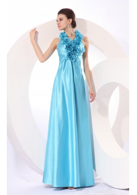 Empire Halter Baby Blue Floor-length Taffeta Hand Made Flowers Popular 2014 Prom Dress
