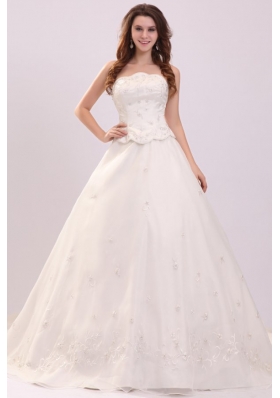 Luxurious Strapless A-line Embroidery Chapel Train Wedding Dress