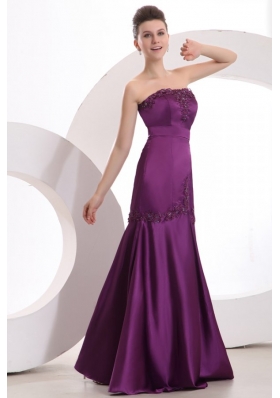 Mermaid Strapless Purple Floor-length Satin Prom Dress with Appliques