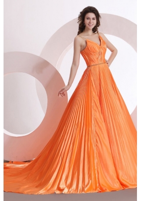 Modest Princes Straps Court Train Taffeta Orange Prom Dress with Ruching