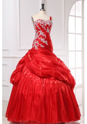 Red Organza Appliques Long Quinceanera Dress with One Shoulder