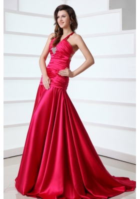 A-line Red Halter Top Neck Beading Prom Dress with Court Train