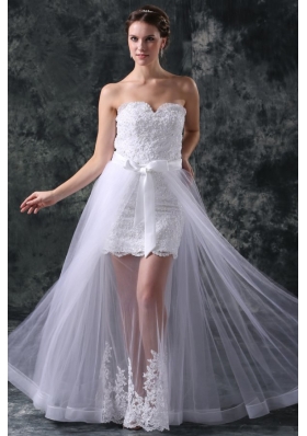 Column Sweetheart Appliques Tulle Detachable Skirt Wedding Dress