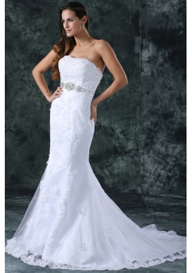 Mermaid Strapless Beading and Lace Tulle and Taffeta Wedding Dress with Court Train