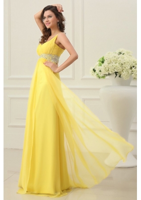 One Shoulder Yellow Empire Chiffon Rhinestone Decorate Prom Dress