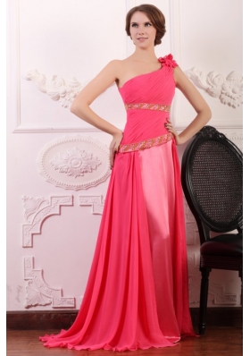 Pink Empire One Shoulder Flowers Beaded Prom Dress with Brush Train