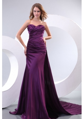 Popular Column Sweetheart Watteau Train Purple Side Zipper Prom Dress with Ruching