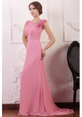 Rose Pink Empire V-neck Court Train Prom Dress with Flowers