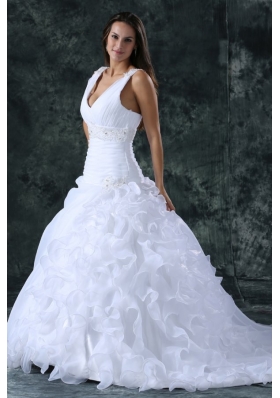 V-neck Appliques and Ruffles Sweep Train Organza Wedding Dress