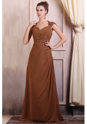 V-neck Column Chiffon Appliques with Beading Prom Dress in Brown