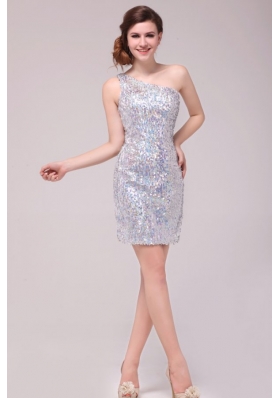 Column Sliver One Shoulder Sequins Mini-length Prom Dress