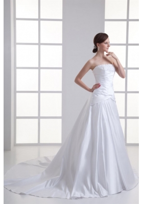 Elegant A-Line Strapless Lace Taffeta Chapel Train Wedding Dress