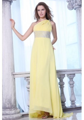 Empire One Shoulder Yellow Chiffon Beaded Decorate Waist Prom Dress