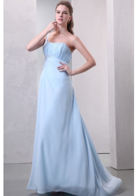 Light Blue One Shoulder Empire Chiffon Prom Dress with Appliques