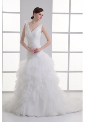 A-line V-neck Hand Made Flower Ruching Ruffles Court Train Wedding Dress
