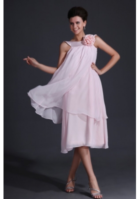Baby Pink Bateau Flowers Prom Dress with Tea-length