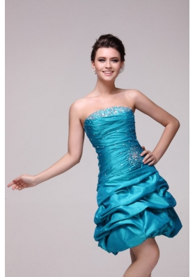 Blue A-line Strapless Knee-length Beading Taffeta Prom Dress with Lace Up