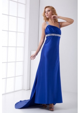 Column Blue Asymmetrical Brush Train Elastic Woven Satin Beading Prom Dress with Backless