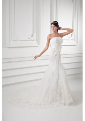 Court Train Mermaid Strapless Lace Wedding Dress with Sash
